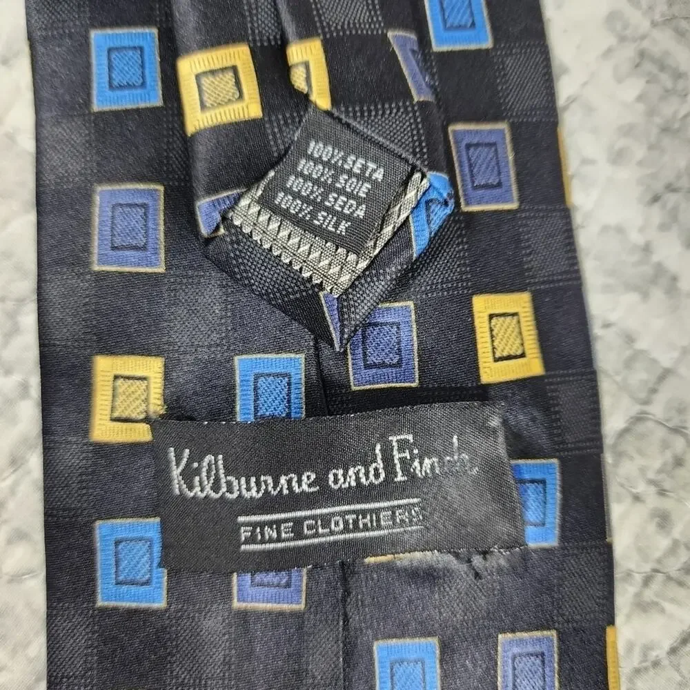 Kilburne and Finch Men's Black Blue Yellow 100% Silk Checkered Tie